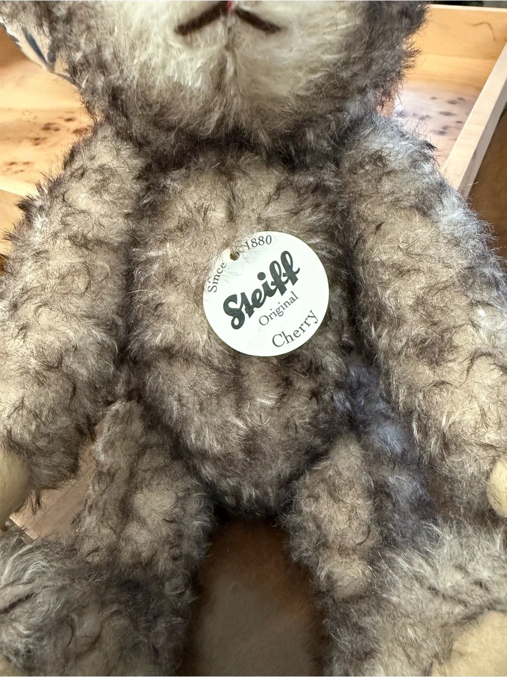 Steiff Gray Brown Curly Mohair Teddy Bear with Red Nose